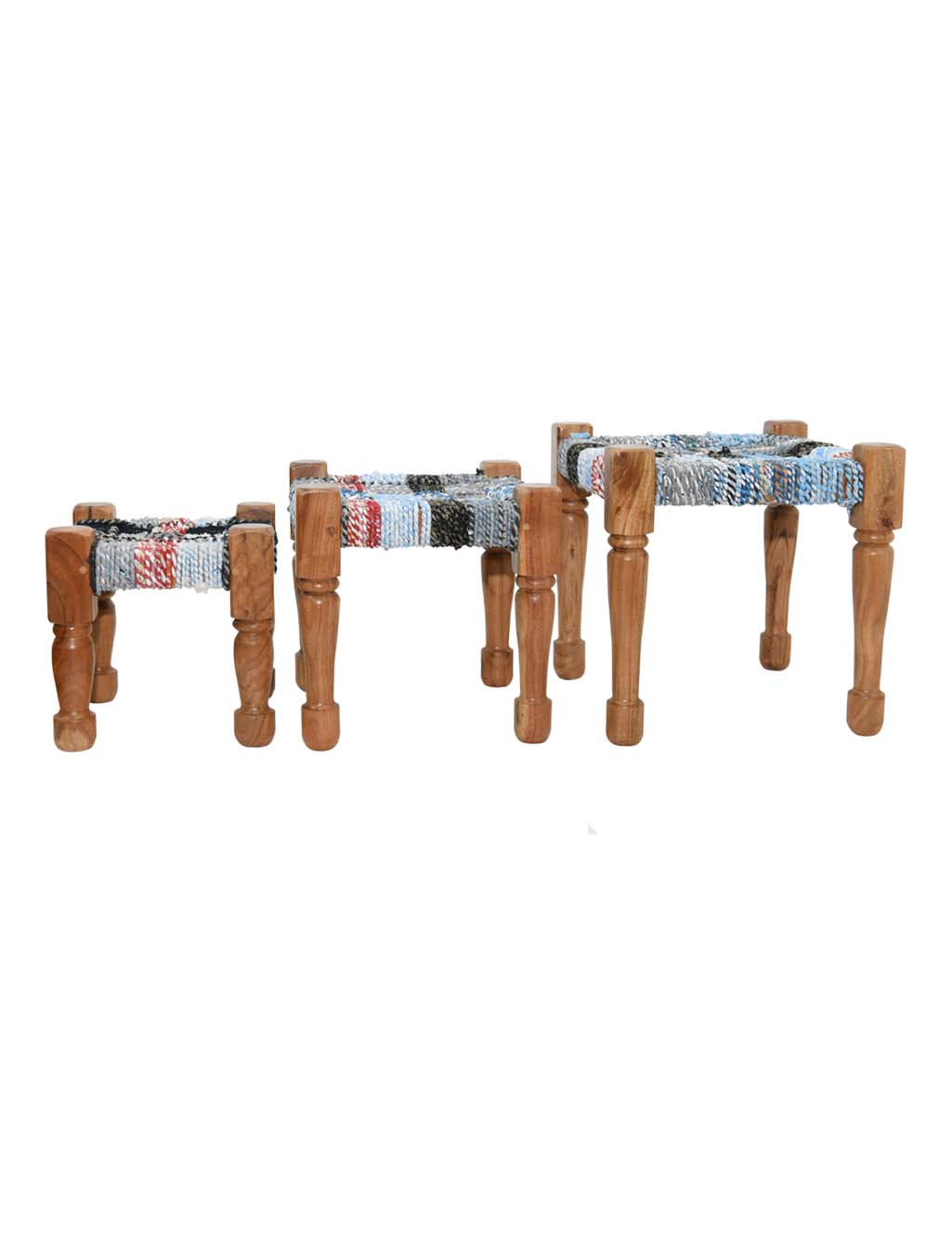 Handwoven Stools Set of 3 – Acacia Wood & Natural Weaving