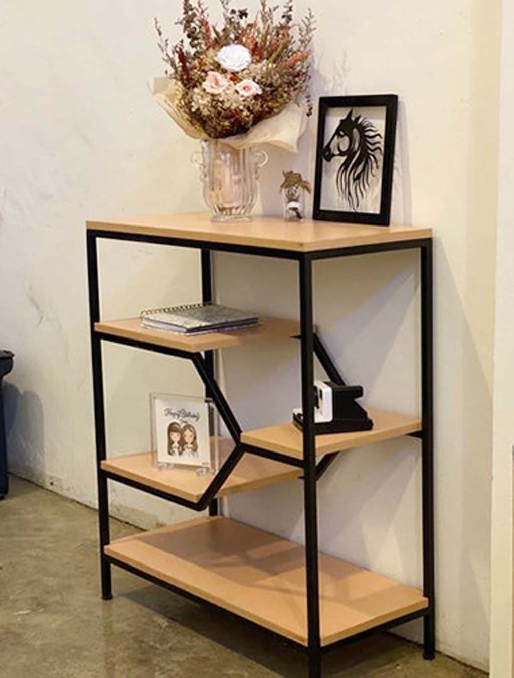 Solid Wood Console Table Book Shelf Design With Metal Pipe