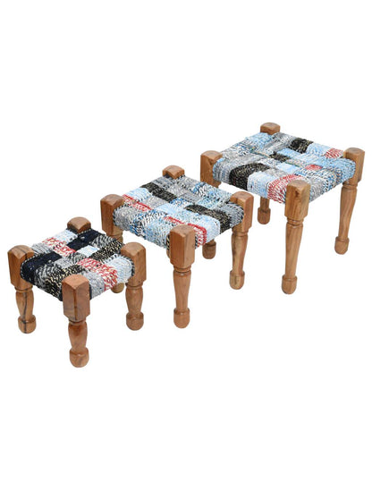 Handwoven Stools Set of 3 – Acacia Wood & Natural Weaving