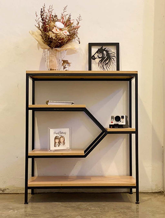 Solid Wood Console Table Book Shelf Design With Metal Pipe