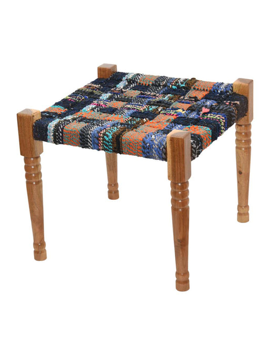 Handcrafted Acacia Wood Stool With Multicolor & Single Color Weaving | AQ Solid Wood